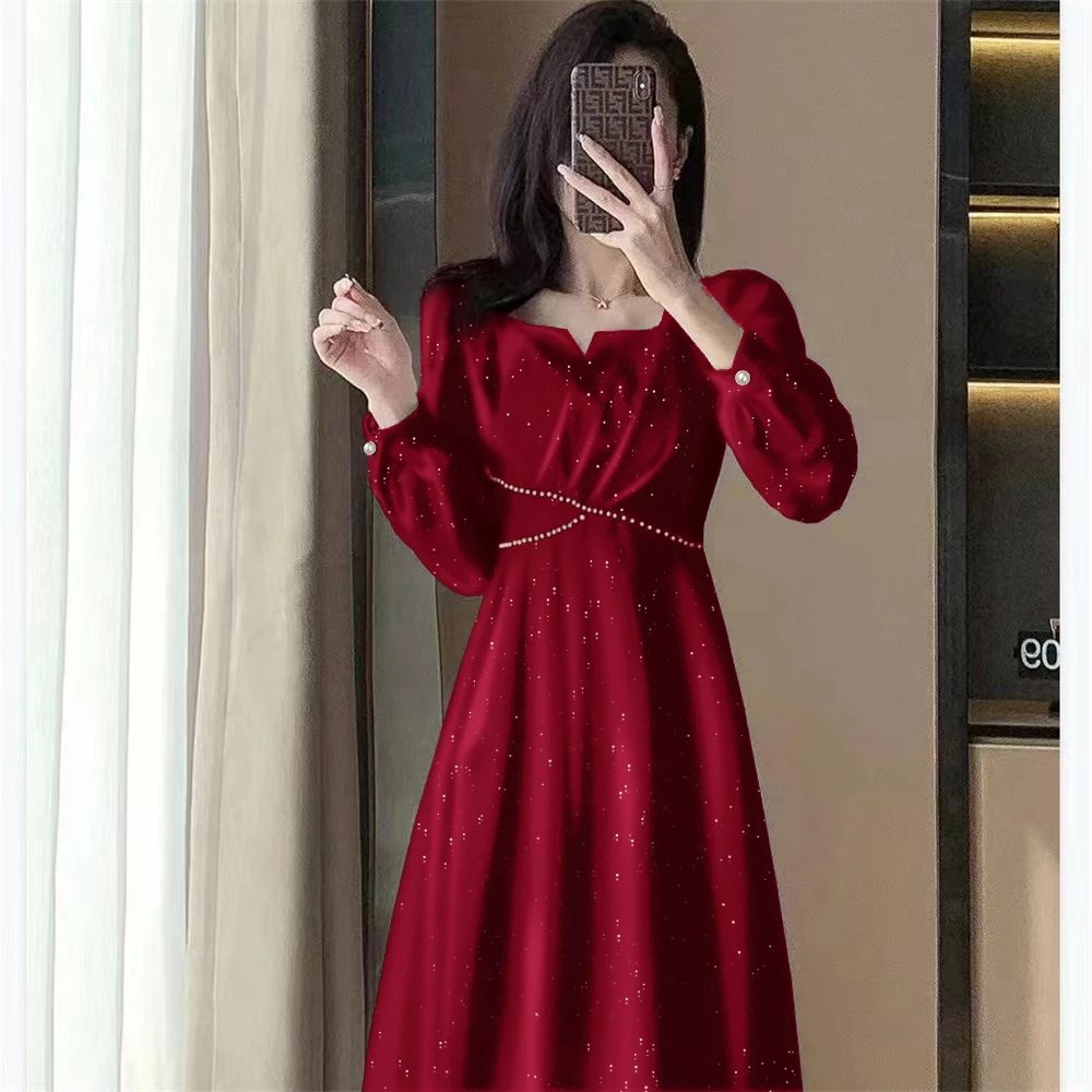 实拍现货大码连衣裙女秋冬新款胖mm高级感甜美收腰显瘦长裙 3516