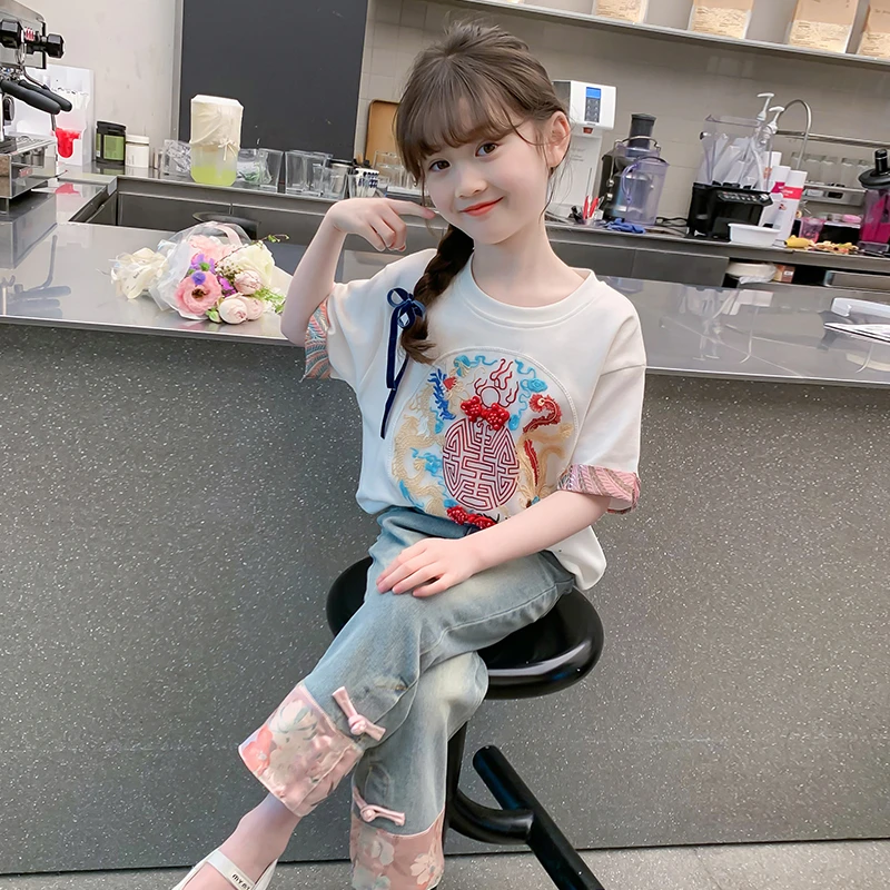 女童夏季套装2025新款洋气大童女孩新中式国风短袖夏装儿童牛仔裤