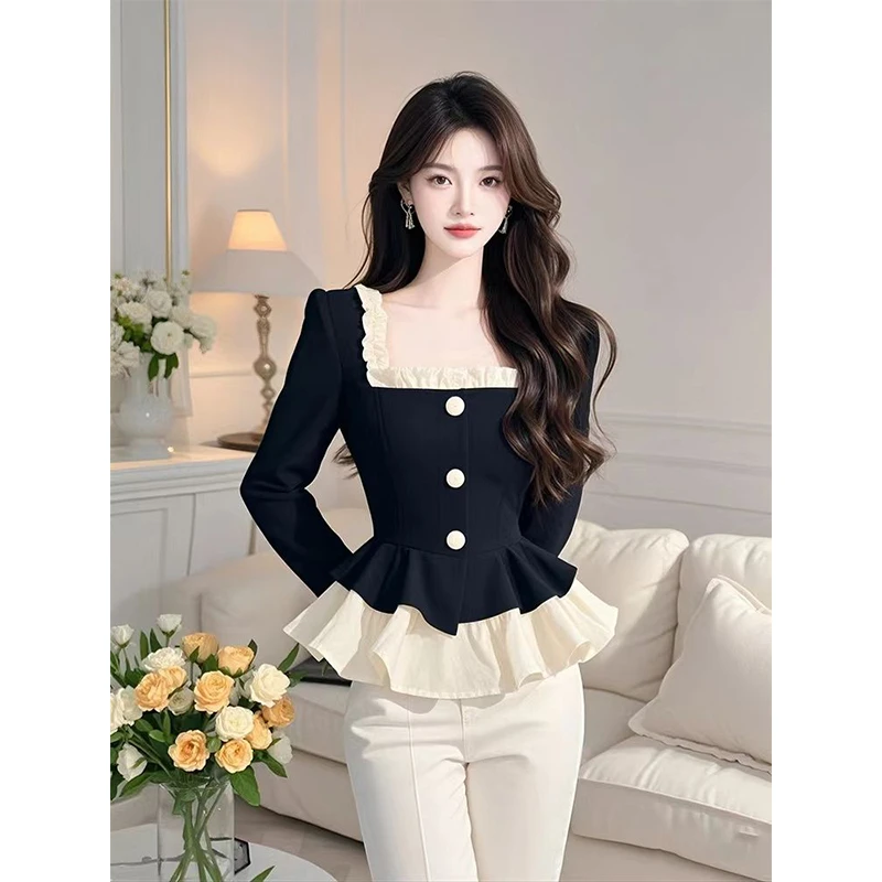 法式木耳边方领黑色衬衫女春秋洋气修身长袖上衣独特漂亮裙摆小衫