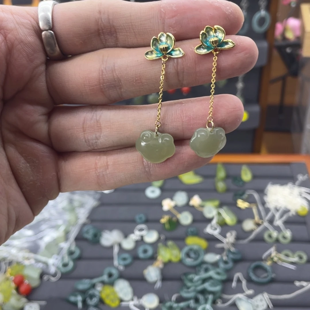 和田玉耳饰银S925镀金镶嵌