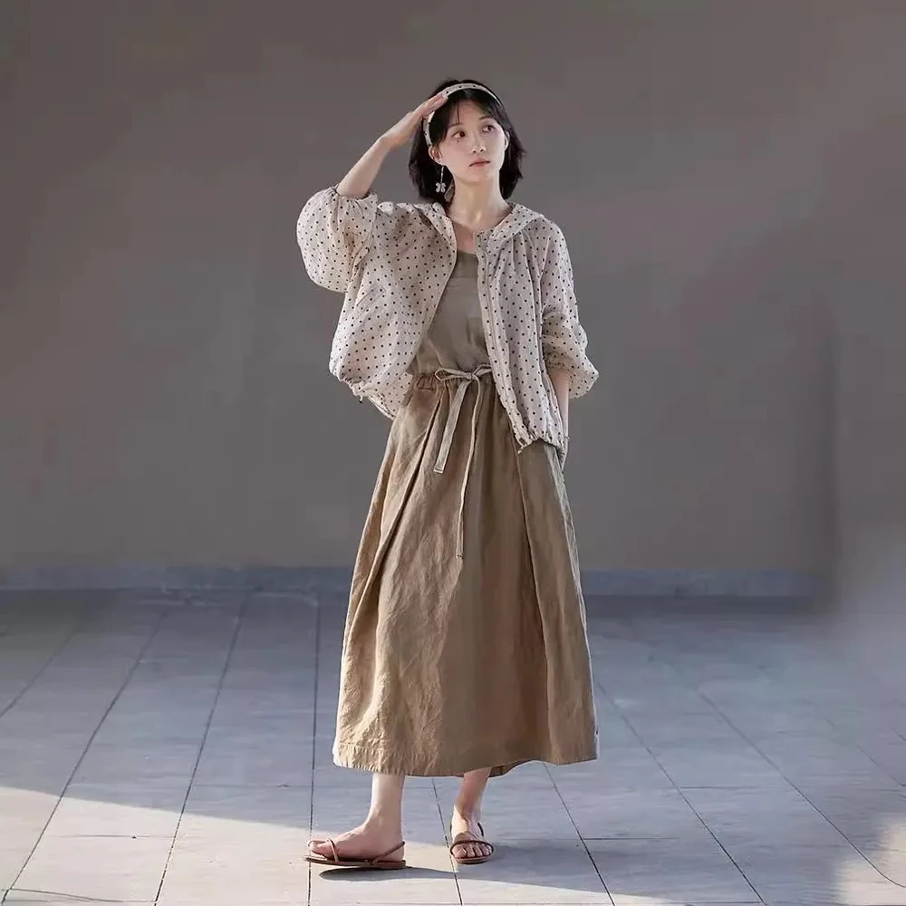 夏款麻波点雨露麻长袖开襟拉链连帽防晒衫女25128