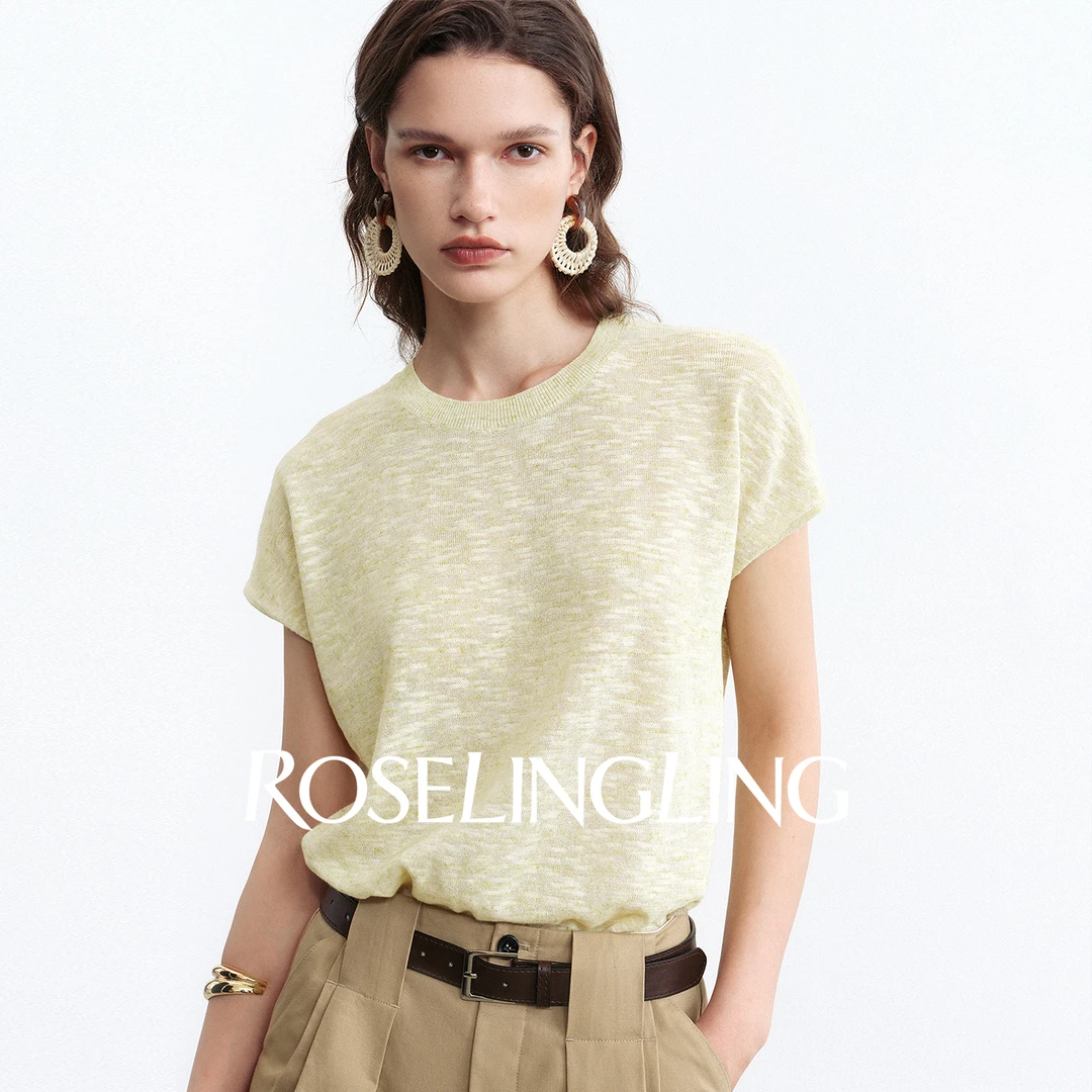 ROSELINGLING夏季刚需百搭罗纹棉麻彩斑竹节纱12针冰爽感针织上衣