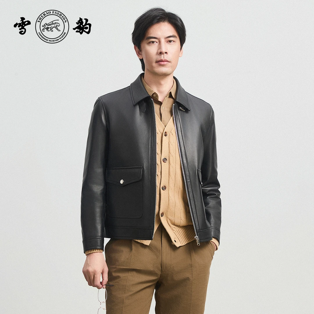【专柜】雪豹2025新款85562绵羊皮翻领真皮皮衣时尚休闲男士皮夹克