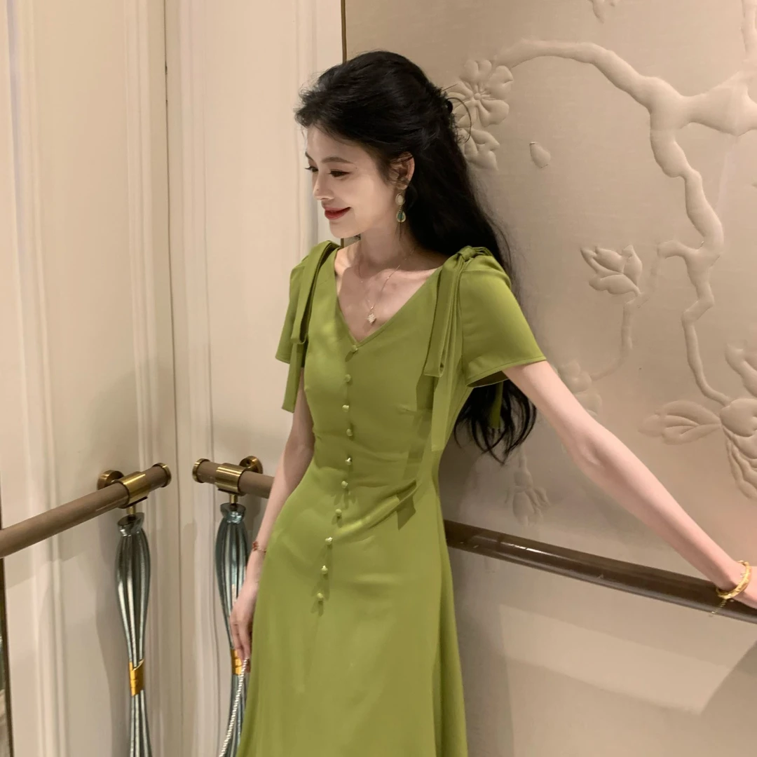 小八定制【竹雾】25夏新款绿色气质收腰轻奢设计感连衣裙 00102 LSC