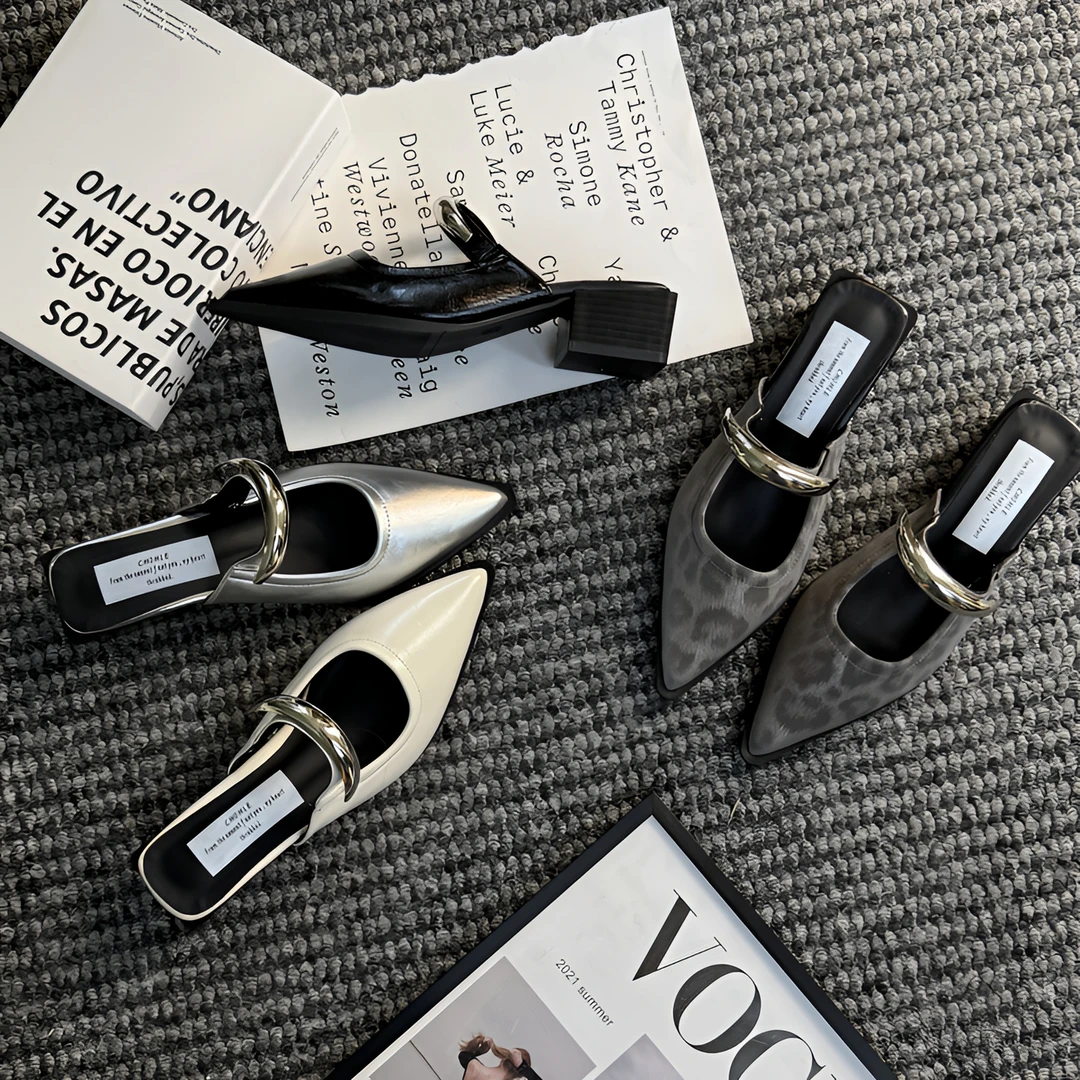 夏季爆款时尚穆勒鞋女一字带百搭款简约风粗跟尖头包头半拖鞋跟鞋