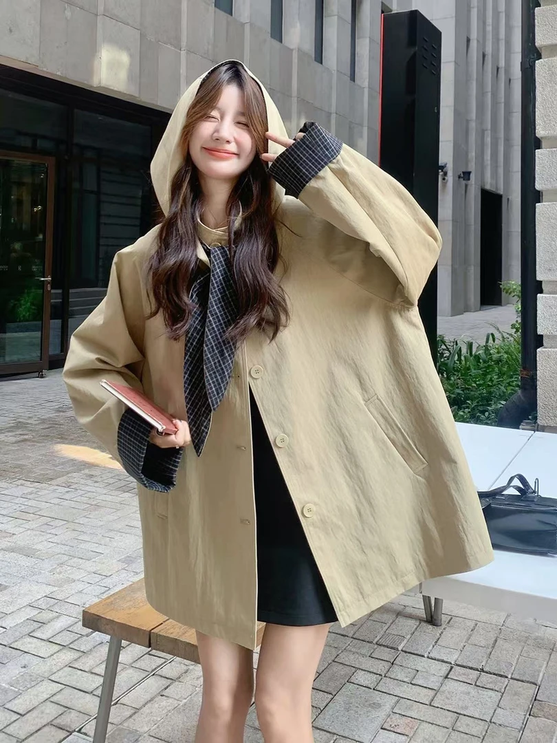 小雅姐姐  日系设计感小众格子拼接连帽风衣外套KD72