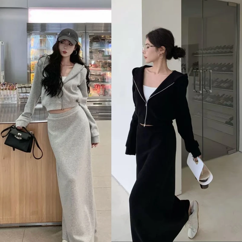韩版慵懒通勤连帽拉链长袖卫衣女秋季纯色百搭a字显瘦半身裙套装