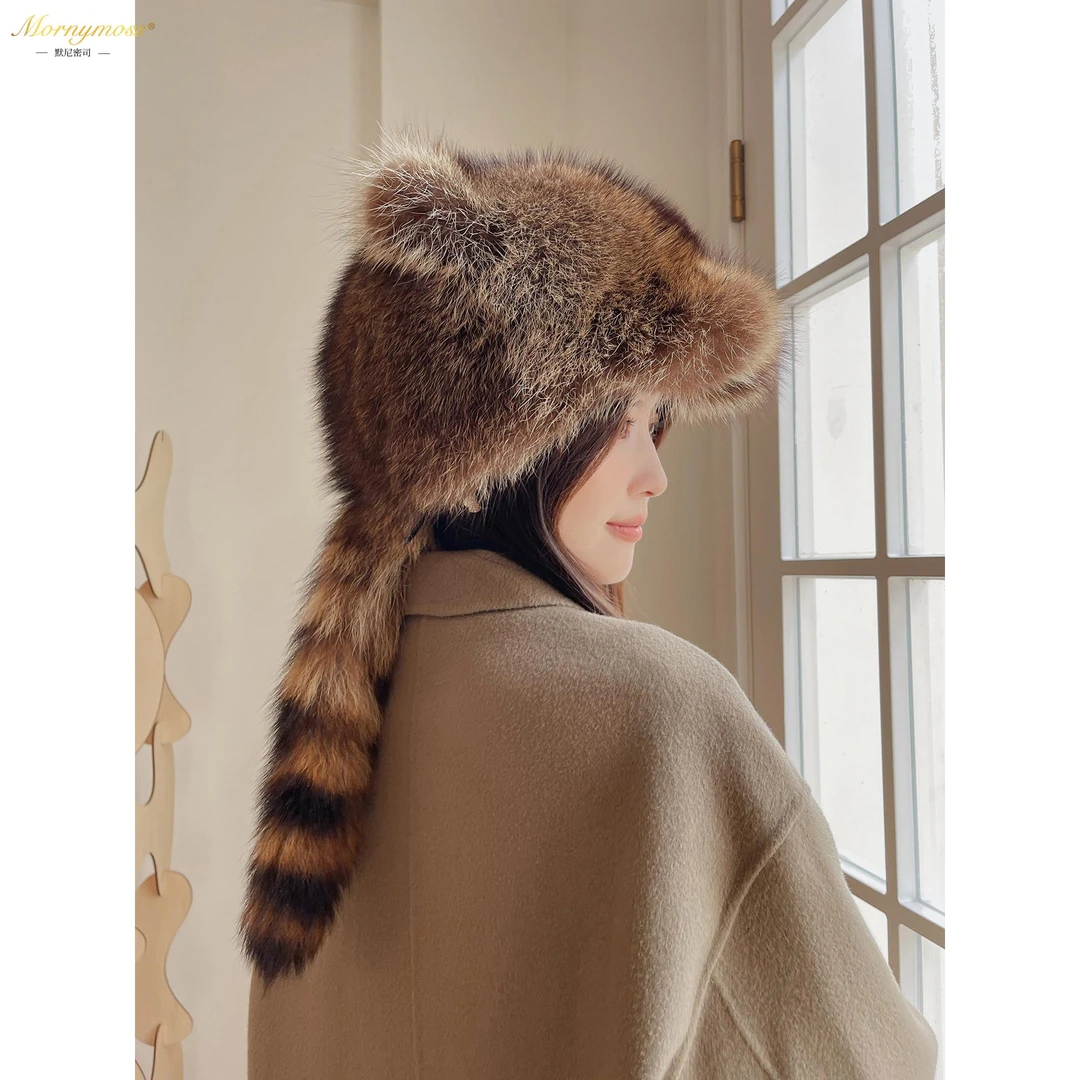 默尼密司品牌可爱猫耳朵护耳皮草帽子冬季保暖貉子毛鸭舌帽卡通小