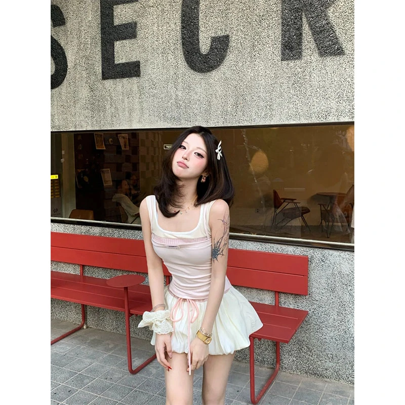 甜美纯欲夏季新款休闲百搭拼接设计吊带背心上衣高腰a字半身裙女