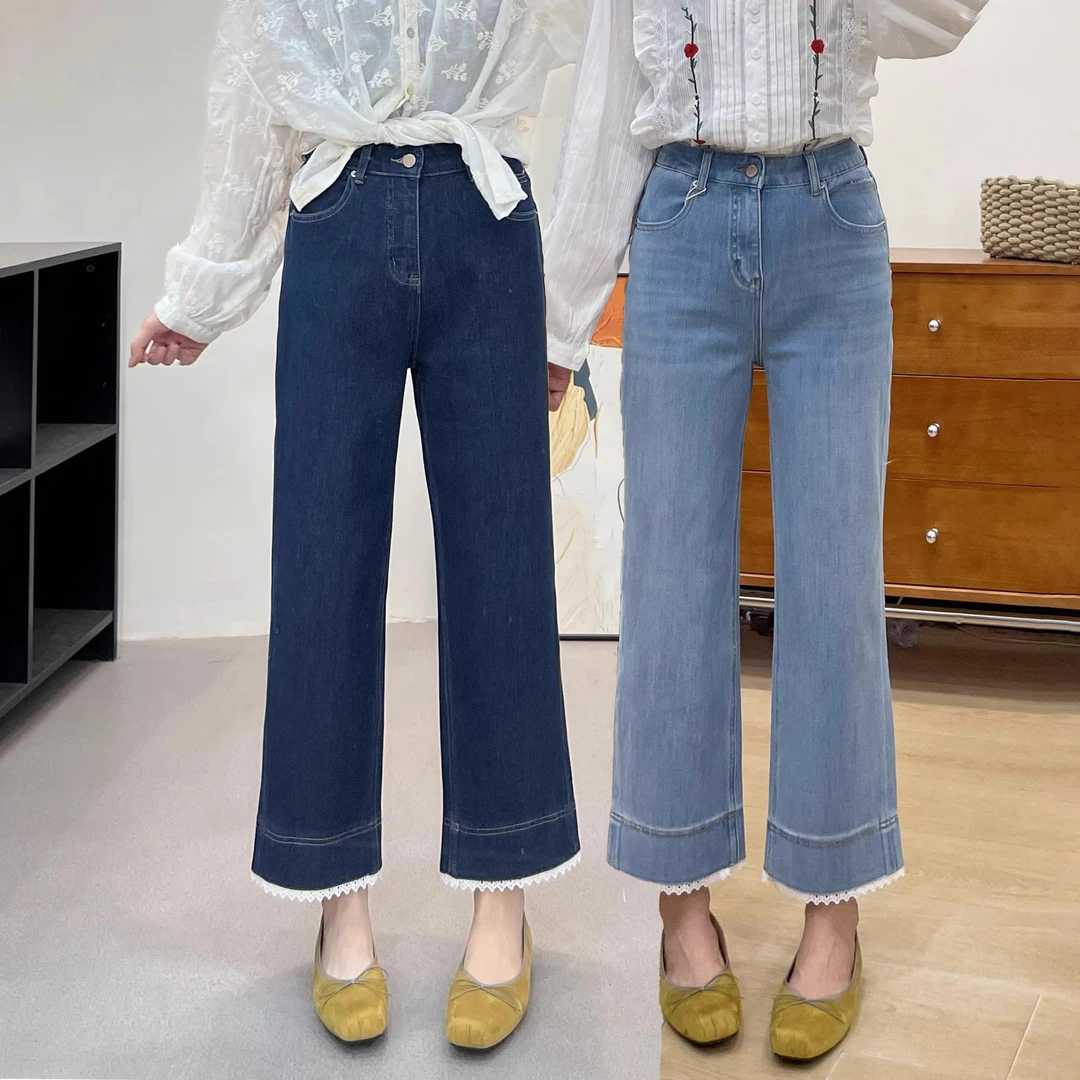 蕾丝拼接直筒牛仔裤女夏季新款大码梨型身材高腰显瘦弹力阔腿裤子