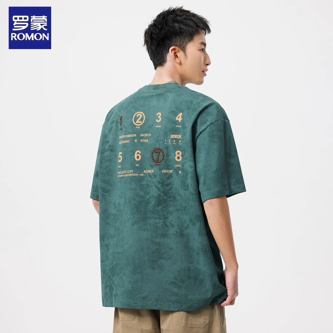 罗蒙重磅印花短袖t恤男2025新款oversize美式高街刺绣上衣半截袖