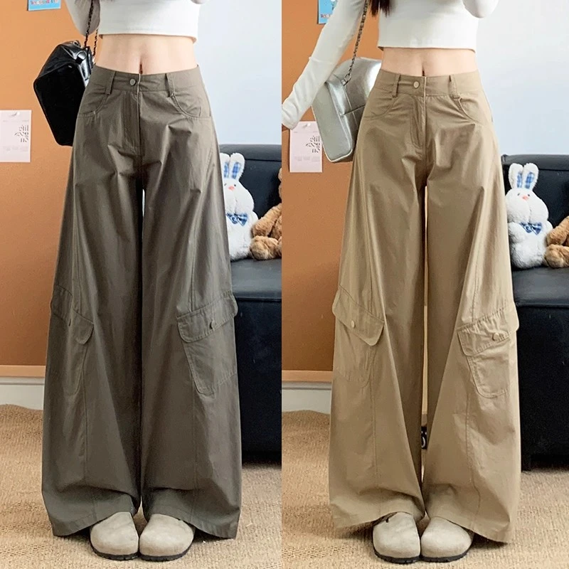 军绿色美式复古工装裤女秋季2025新款高腰显瘦宽松休闲阔腿弯刀裤