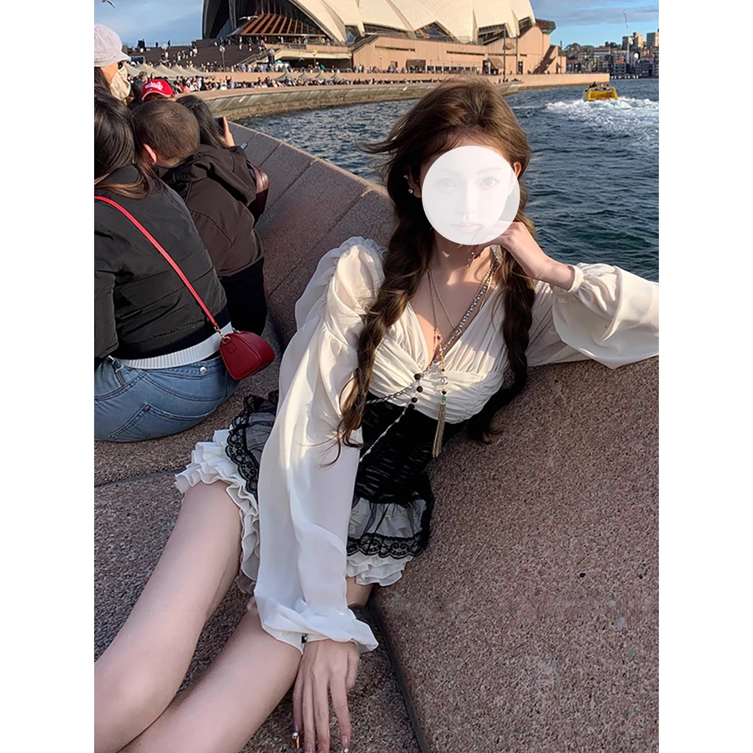 【拜占庭】高级感宫廷风复古v领纯欲上衣收腰束腰蛋糕蓬蓬裙三件套