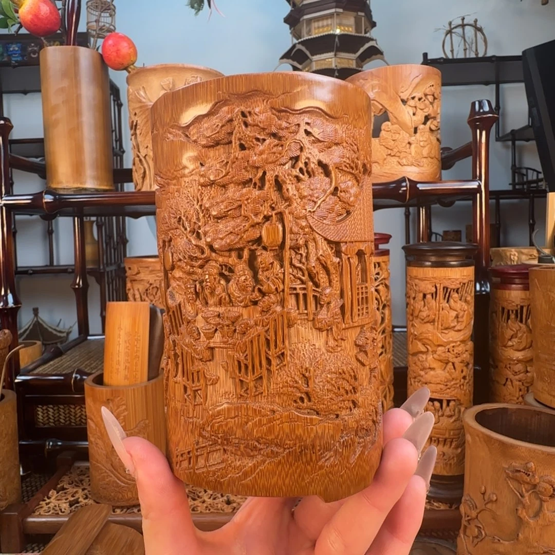 香榧木夜宴图中中号笔筒