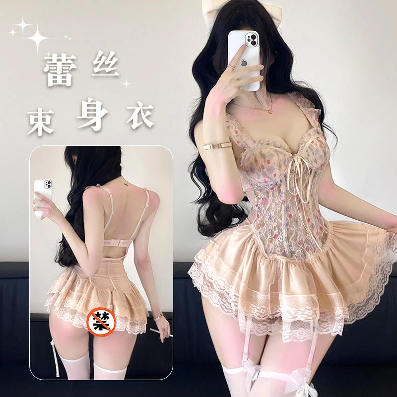 纯欲碎花印染甜美鱼骨胸衣带胸垫显瘦性感连衣裙