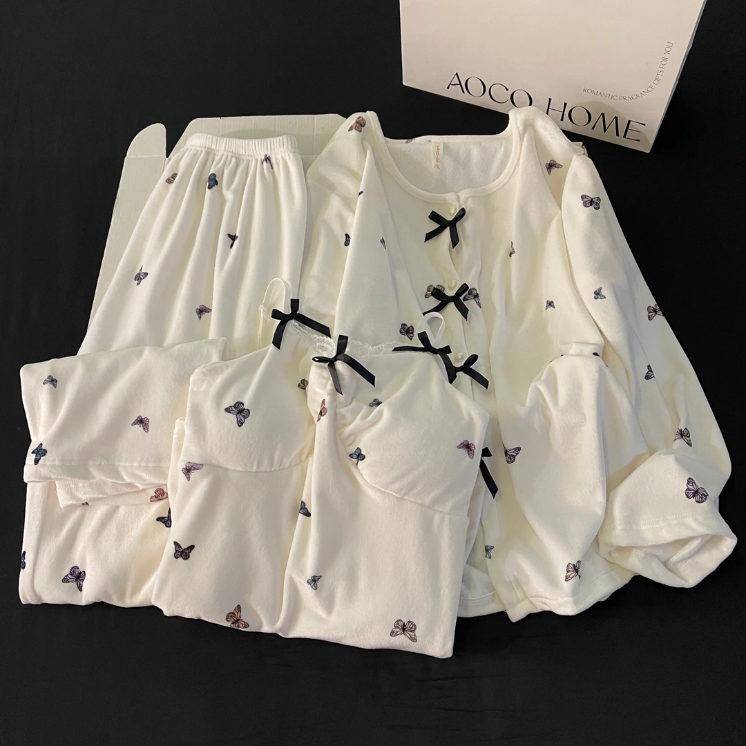 睡衣女士秋冬季超柔海岛绒吊带长裤性感三件套装带胸垫蝴蝶家居服