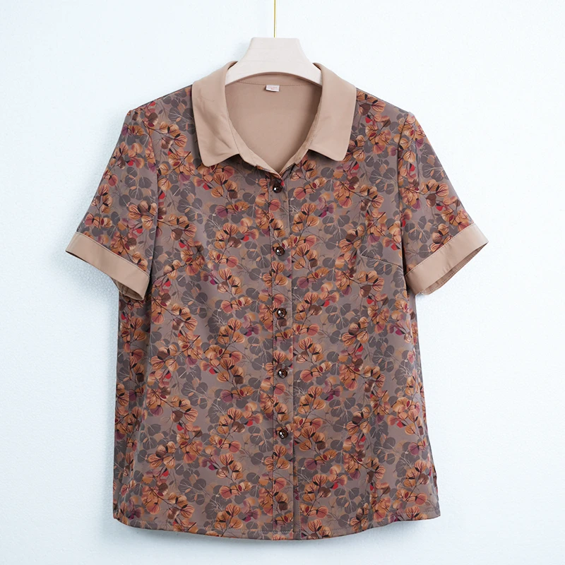 中老年妈妈装奶奶装夏季薄款25-139款叶子款纯色领短袖衬衫