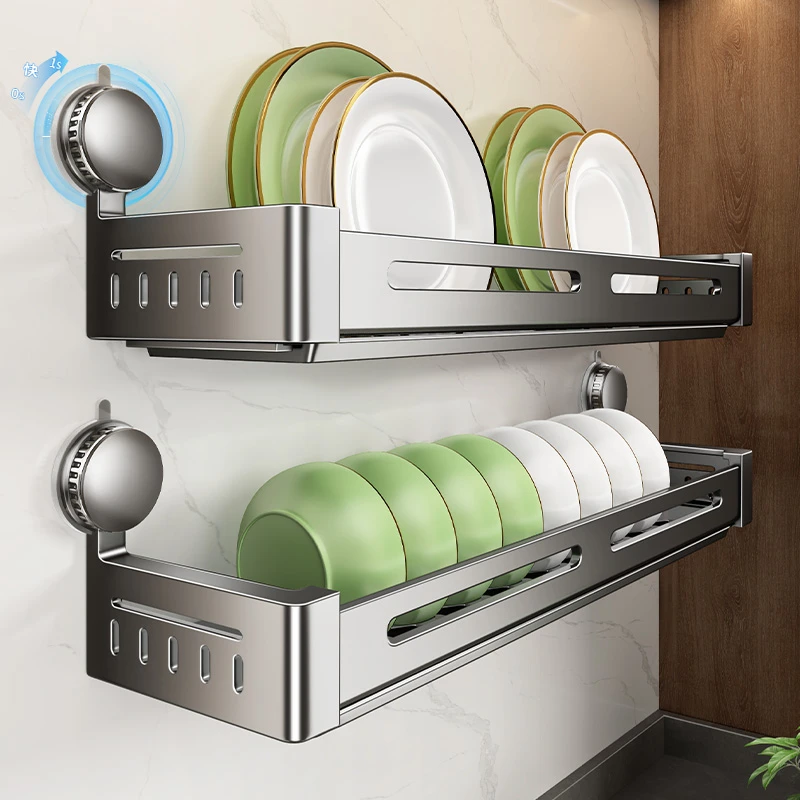 天地鱼厨房置物架吸盘碗碟沥水架不锈钢免打孔墙上放碗碟盘收纳架