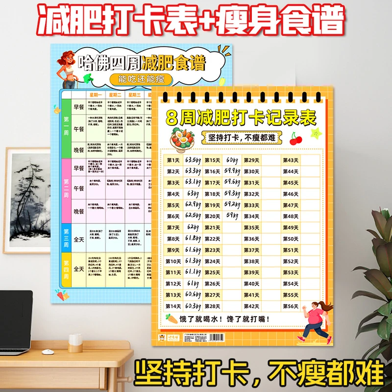 4周科学减肥食谱表➕8周瘦身打卡记录表体重管理减肥计划表墙贴纸