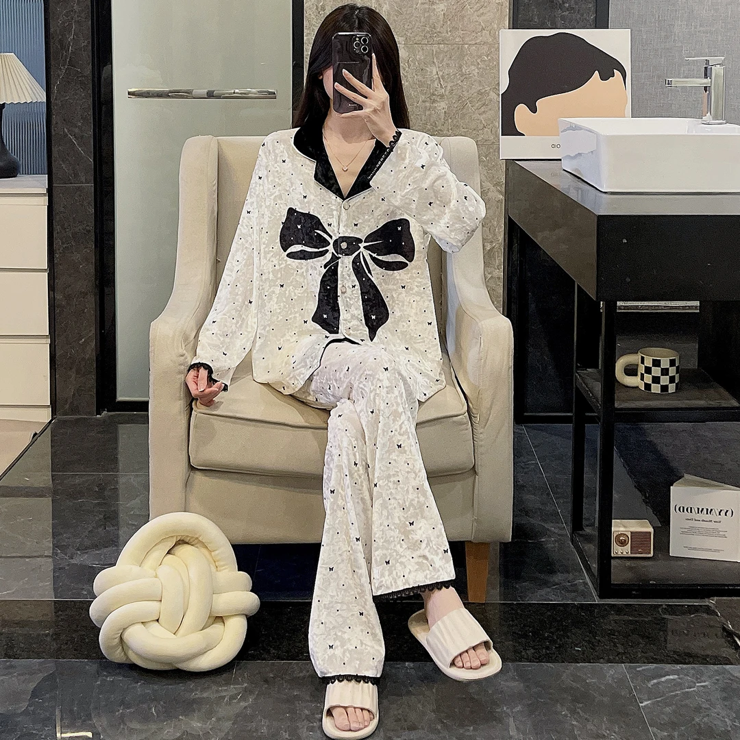 黑色蝴蝶结睡衣女秋冬季开衫金丝绒保暖可外穿长袖长裤家居服套装