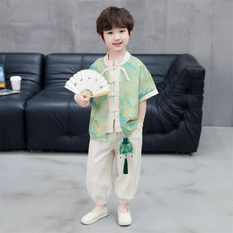 男童汉服夏季薄款2025新款幼儿园宝宝短袖衣服小儿童夏装长裤套装