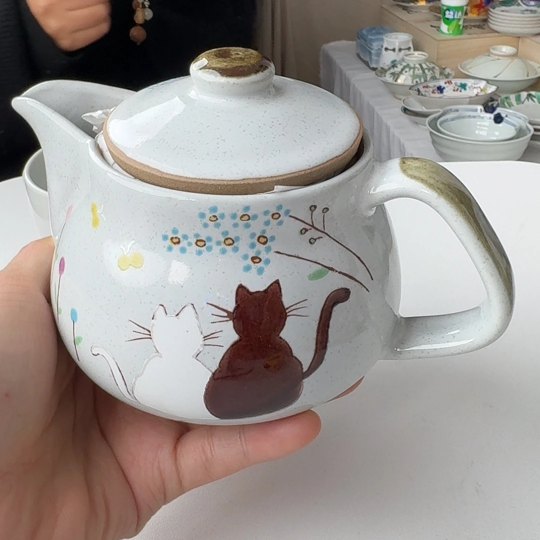 瓷片九谷烧花下猫咪茶壶360ml