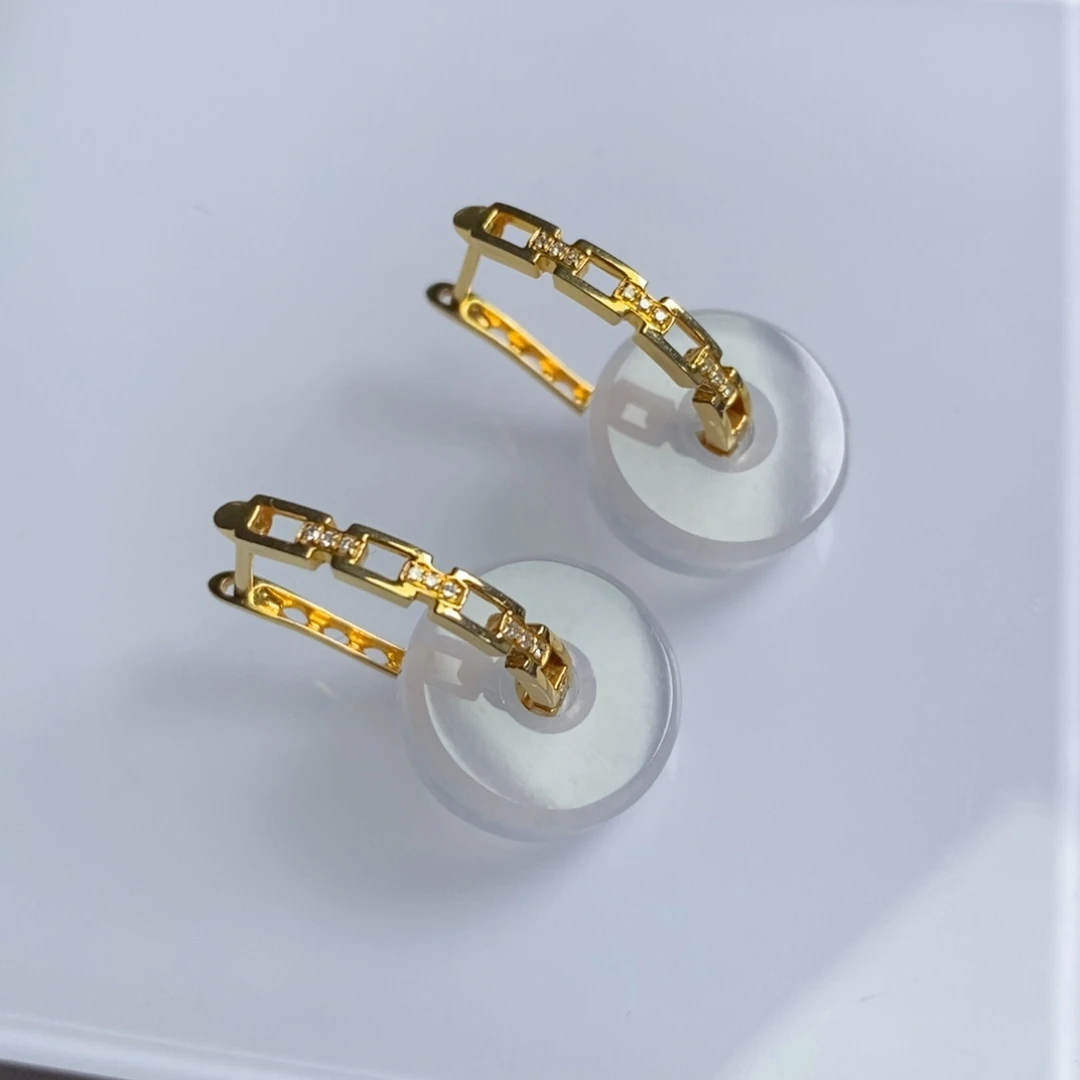 翡翠18K金镶嵌耳饰链条耳包➕高冰路路通