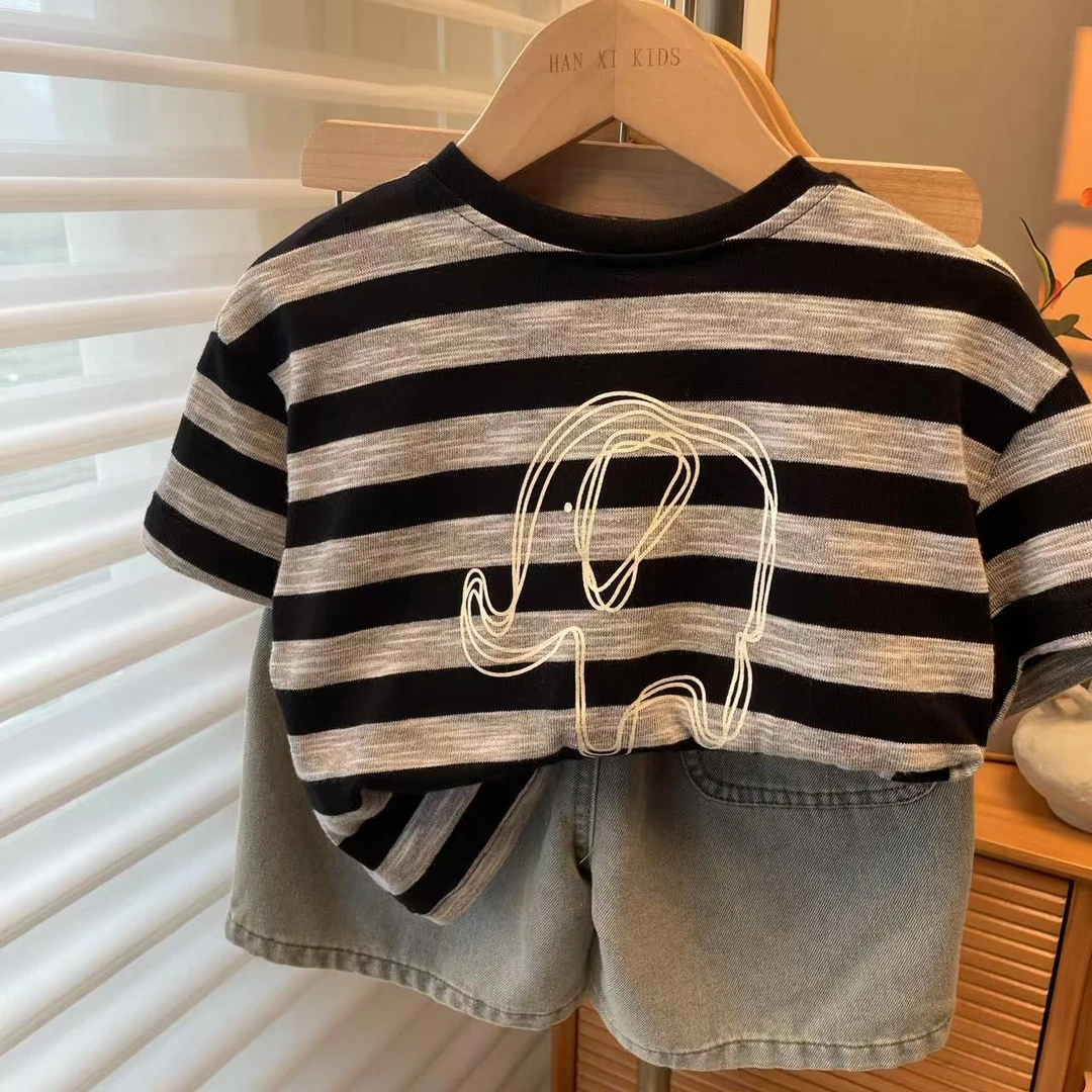 条纹控~夏季男女儿童条纹T恤短袖新款宽松上衣+裤子
