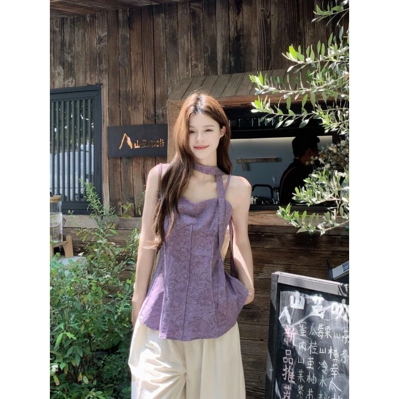 法式复古气质提花紫色吊带背心女装夏季小众别致绝美飘带短款上衣