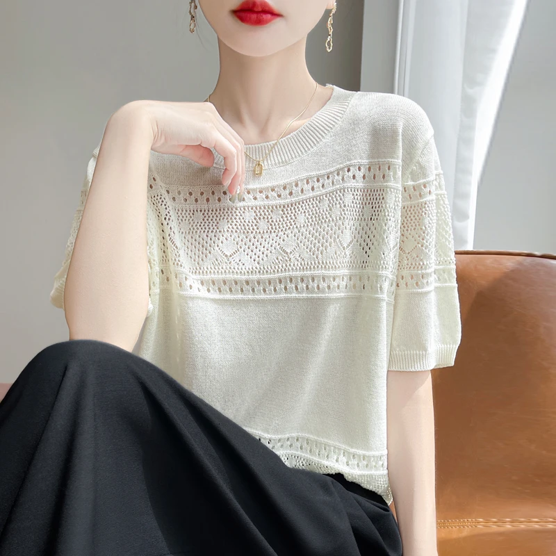 通勤夏季圆领镂空短袖女冰丝亚麻蕾丝中袖薄款时尚宽松套头洋气