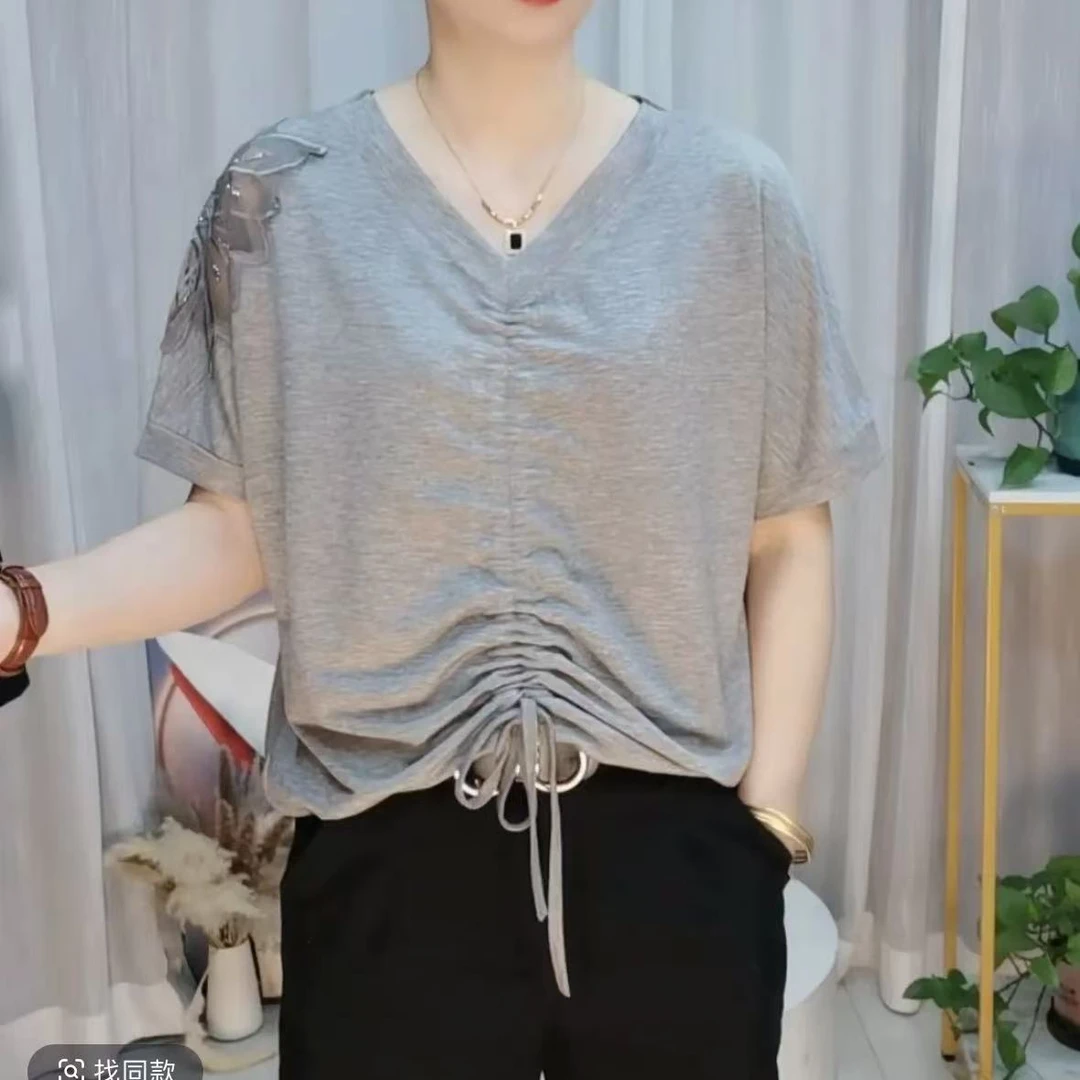 夏季新款时尚镂空花边抽绳宽松短袖V领小衫显瘦装