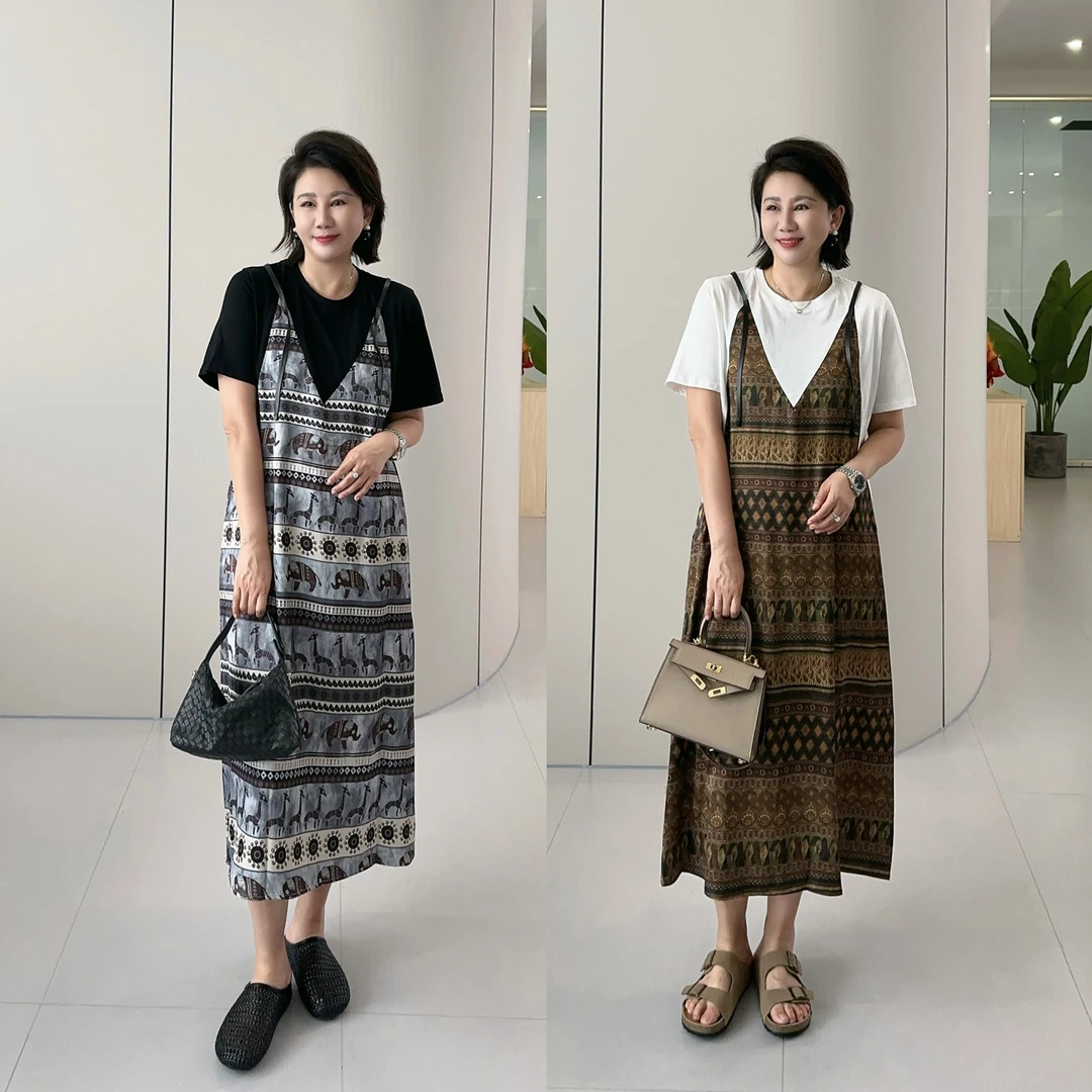 微胖女装【南法印象】度假风拼接短袖连衣裙宽松夏季新款938