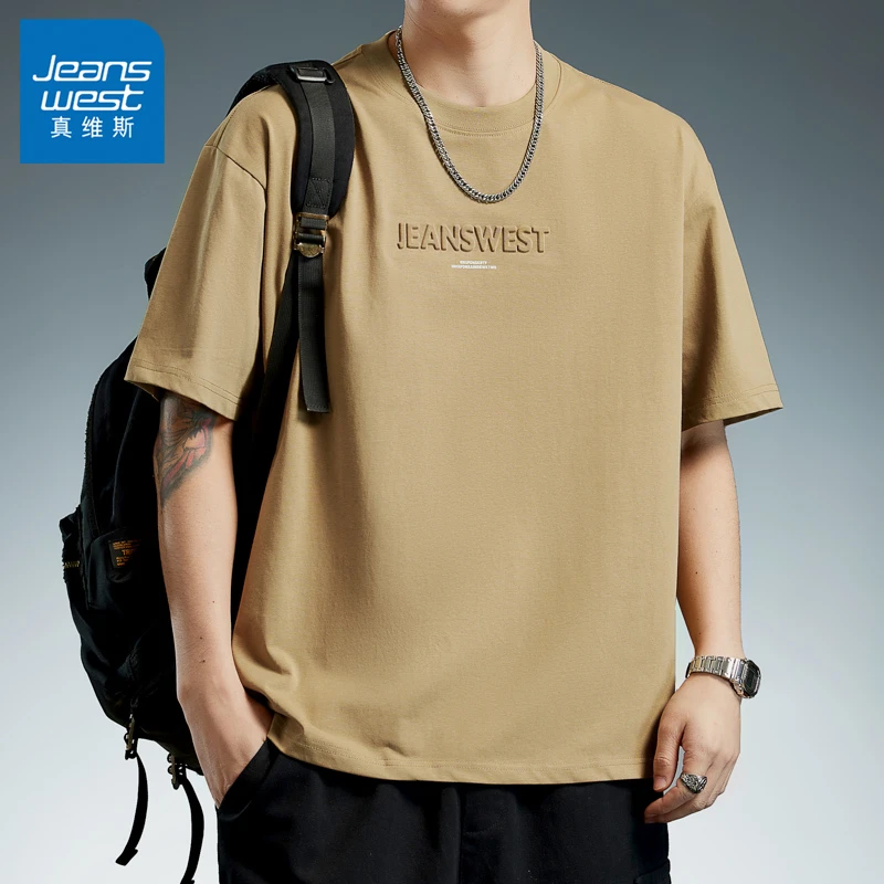 Jeanswest/真维斯夏季薄款短袖T恤男圆领宽松印花休闲百搭半袖男