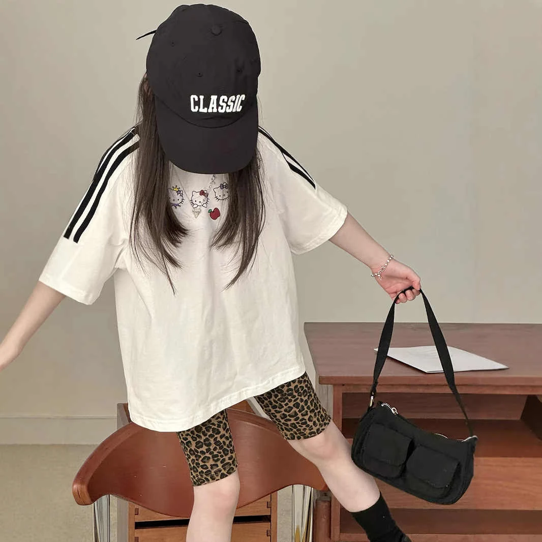 MUMUWU女童夏季韩版三杠纯棉短袖T恤夏装新款儿童设计感猫咪上衣