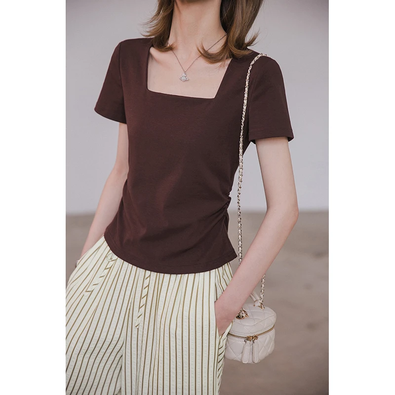 【季末折扣】萬搭t恤高弹针织抗变形方领双c腰t恤女