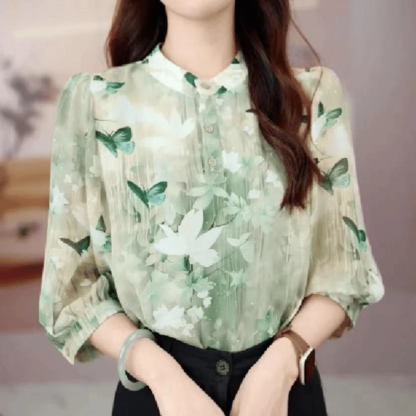 翩翩起舞春夏新款女士衬衫上衣百搭七分袖印花优雅显瘦洋气衬衫潮