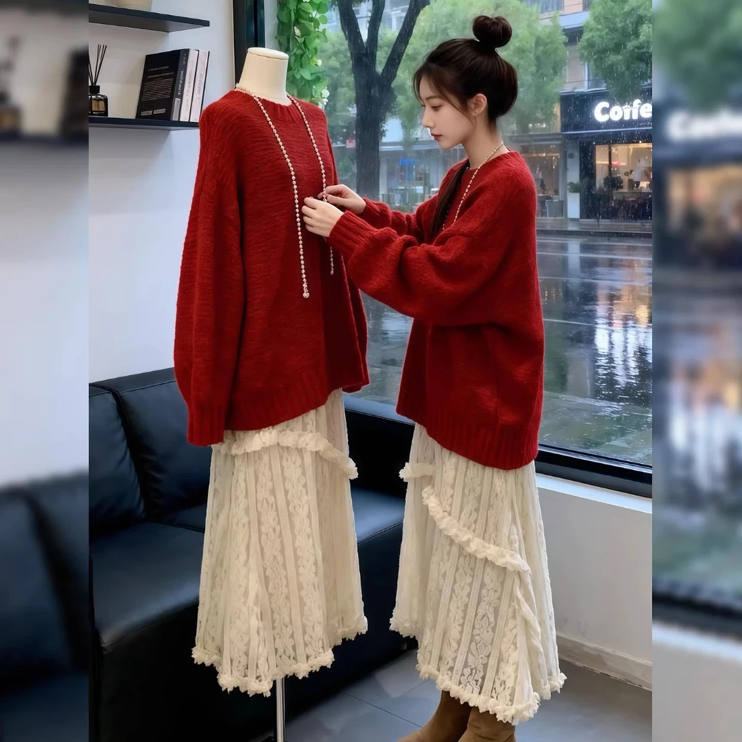 红色毛衣女秋冬季慵懒高级感小众长袖宽松显瘦中长款针织衫