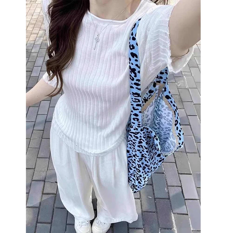 白色卷边坑条针织短袖T恤女2025夏季新款超好看独特漂亮洋气上衣