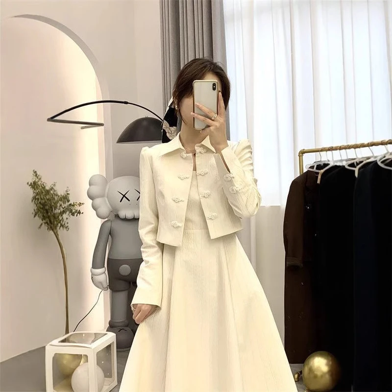 法式小香风套装女秋冬气质高腰改良旗袍上衣吊带连衣裙时尚洋气两