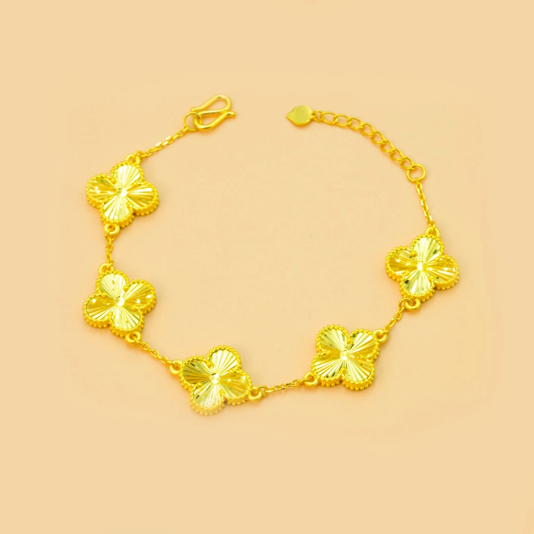 金美福足金999黄金爆闪四叶小草手链5G工艺女式手链