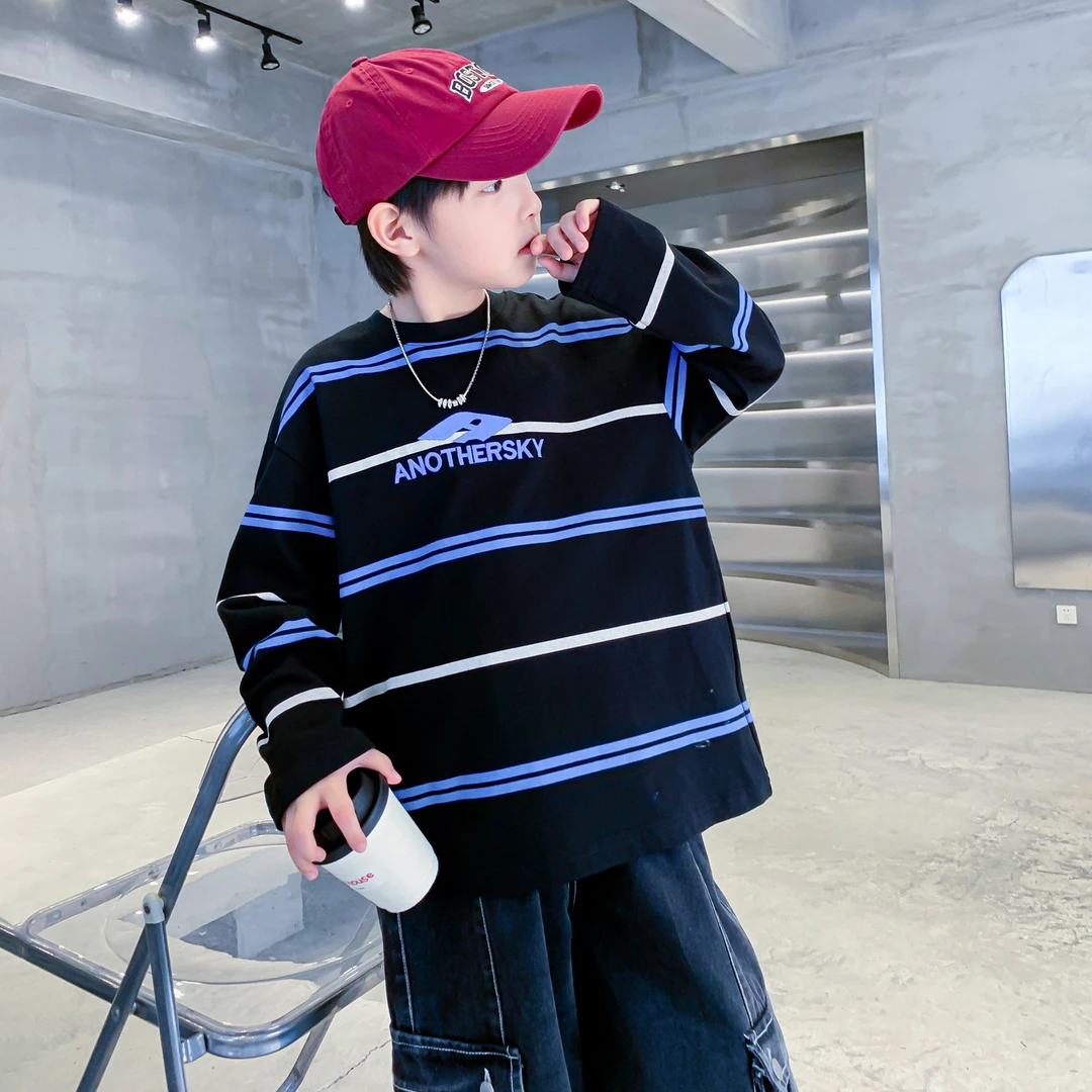 男童秋季韩范条纹运动长袖t恤2025新款青少年儿童纯棉宽松薄上衣