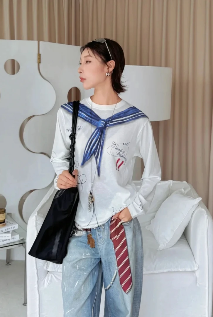 【天使】25新款早秋海军领涂鸦印花长袖T恤