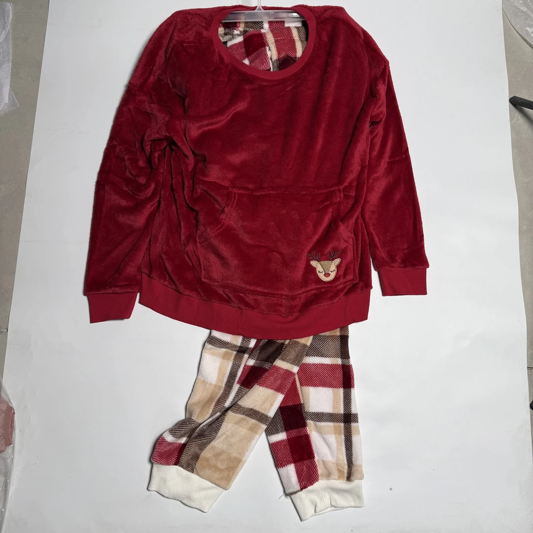 无品牌松紧带长袖冬季圆领卡通睡衣厚款家居服套装保暖