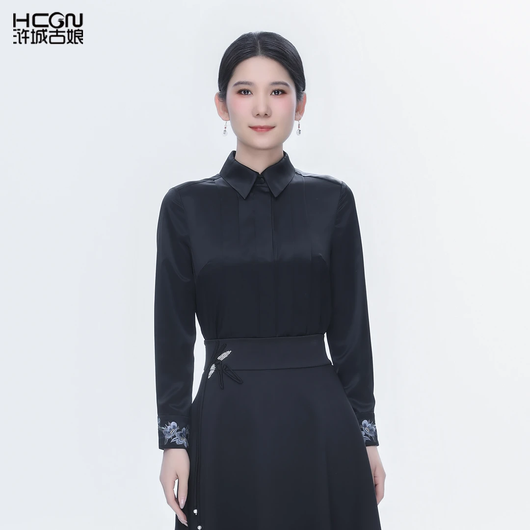 醋酸中式黑色百搭舒适气质高级感设计女长袖翻领颜华衬衫CMT18876