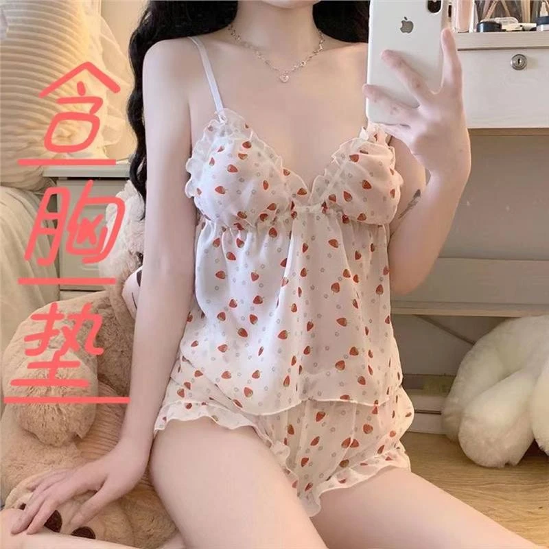 初爱性感碎花雪纺吊带睡衣短裤两件套春夏甜美可爱家居服女