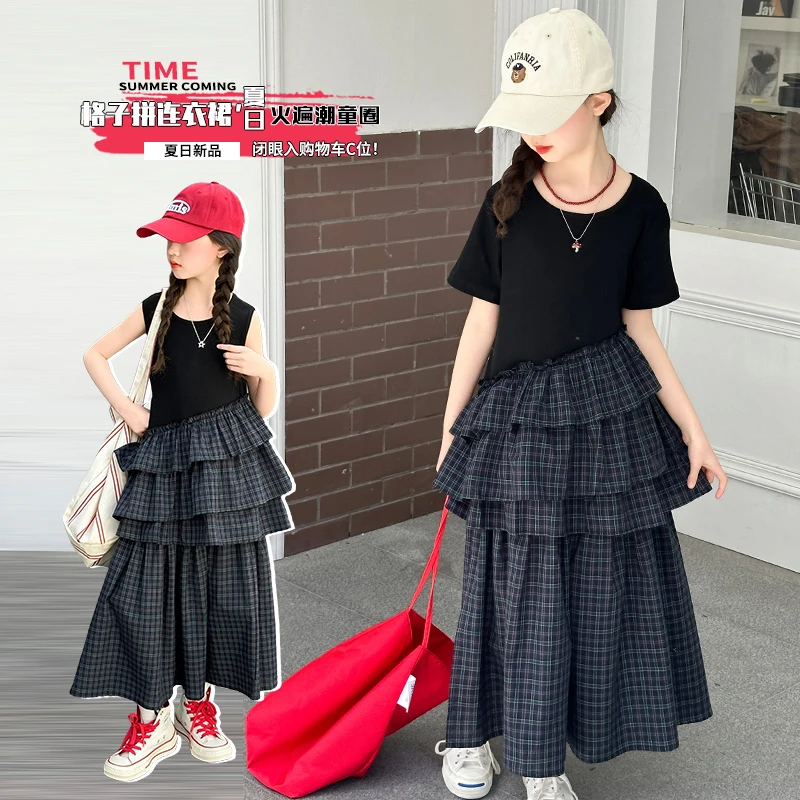 女童夏装无袖连衣裙2025新款洋气初中生女孩蛋糕裙开叉背心裙子潮