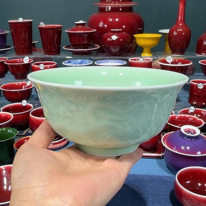 景德镇浅行窑青绿雕刻大面碗