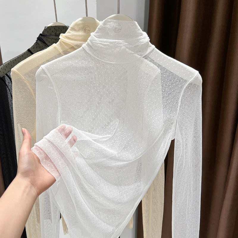 白色长袖半高领网纱打底衫女2025春秋薄款性感透视修身洋气上衣潮