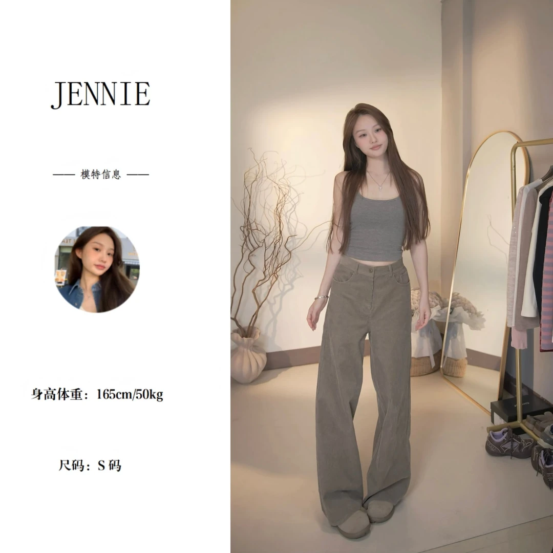 中高腰复古全棉灯芯绒秋冬宽松阔腿裤直筒显瘦松弛休闲裤子