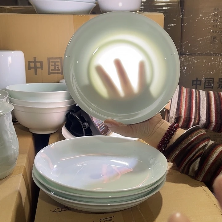 瓷片玉泥青瓷八英寸双线条深盘四个，包邮